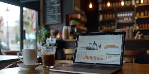Fototapeta premium Close Up Laptop Screen Business Intelligence Software Bright Sophisticated Cafe