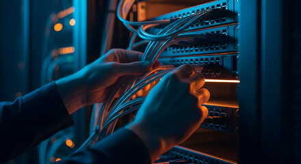 Connecting the world one cable at a time  High speed internet network infrastructure data center technology digital transformation global connectivity server rack cables technician hands working