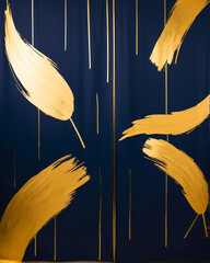 Abstract gold brushstrokes and lines on a dark blue background, modern art, minimalist design.