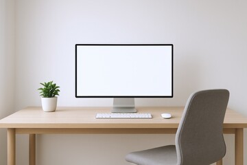 Minimalist Workspace with Blank Computer Screen, Keyboard, and Mouse on Wooden Desk with Plant and Neutral Background