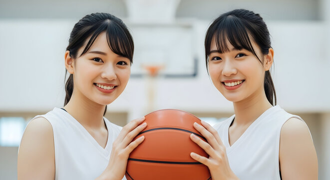 Twin sisters basketball players smiling holding a ball team sport athletic competition fitness exercise healthy lifestyle active women youth energy teamwork success winning game japan asia