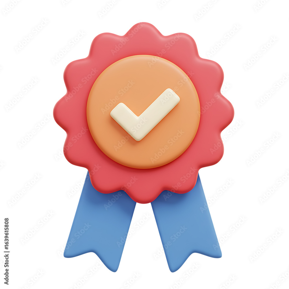 Poster 3d icon of a 3d rendering of a red and orange badge with a check mark and blue ribbons, isolated on 