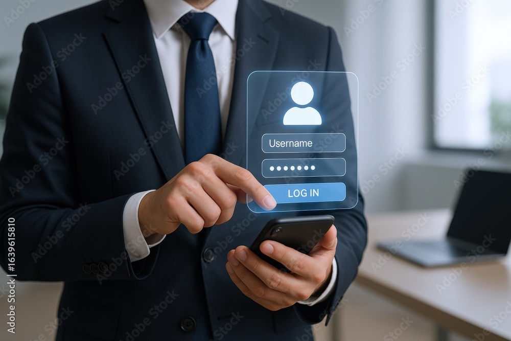 Poster businessman accessing account via smartphone with virtual login interface, showcasing secure technol