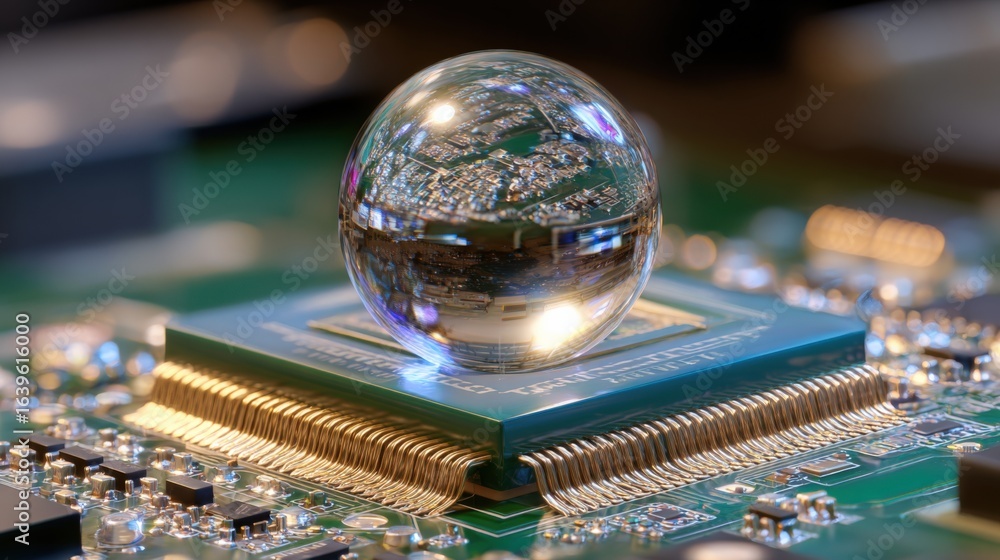 Poster clear sphere resting on a microchip depicting technological advancement and precision engineering in