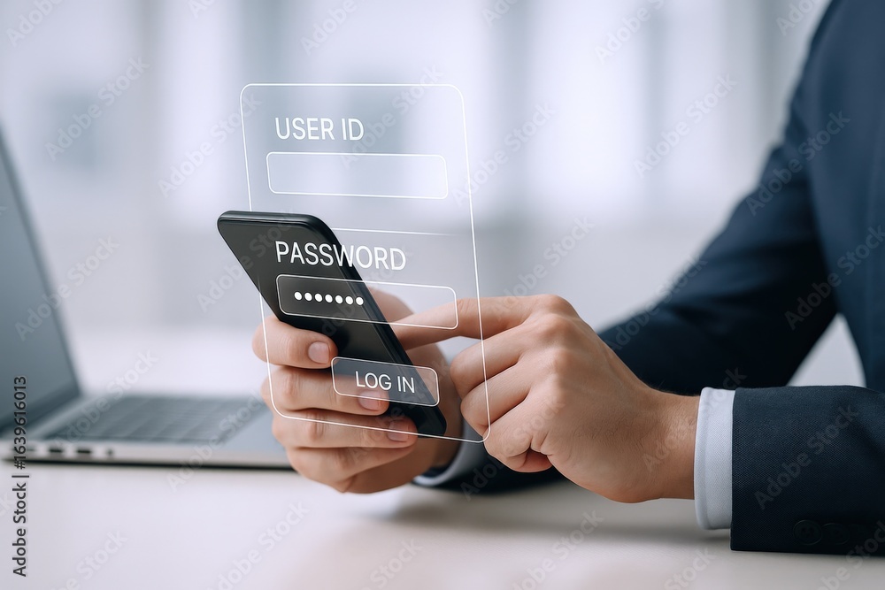 Poster secure mobile access with authentication interface displaying on a smartphone held by a business pro