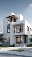 Modern Minimalist House Exterior with White Facade and Clean Lines, Architectural Visualization for Real Estate