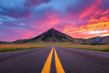 Sunrise over a mountain, highway leading into horizon.  Dramatic sky
