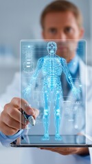 Doctor in white coat holding tablet with schematic futuristic human body illustration. Concept of advanced medical technology, digital clinical diagnostics, AI in healthcare, and future innovations.