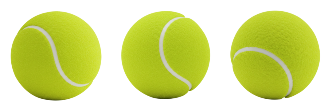 Three Neon Green Tennis Ball with Fuzzy Texture and White Seams – Close-Up Isolated on Transparent Background - Powered by Adobe