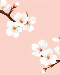 Delicate white almond blossoms and buds on branches against a soft pink background, creating a serene and elegant floral design.