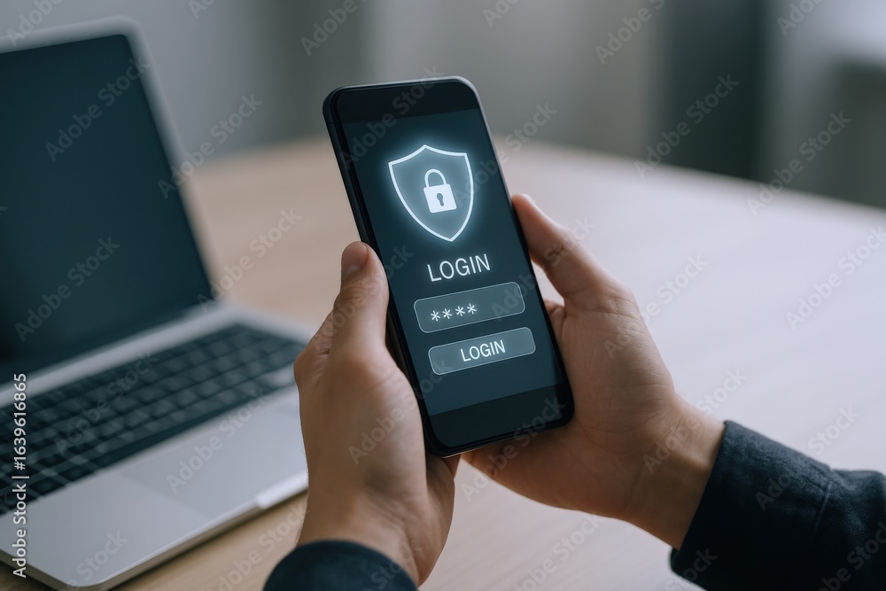 Poster secure mobile login: hands holding smartphone with security shield and login interface displayed