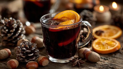 Mulled wine in clear glass with orange slices, cloves and seasonal decorations. Scattered acorns and pine cones around