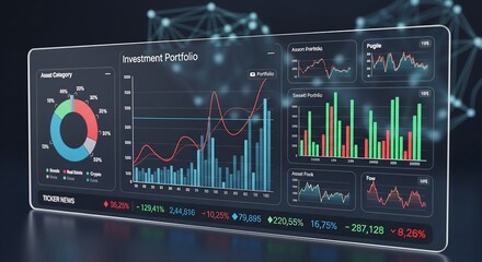 Futuristic investment portfolio dashboard displaying financial data and market analysis visualization of stocks and crypto