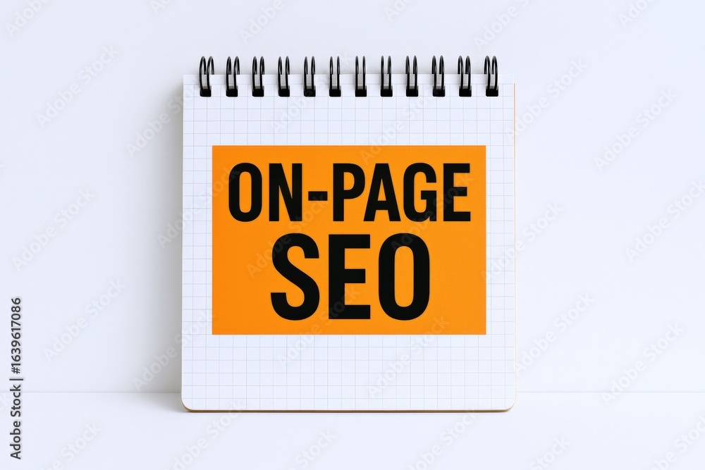 Poster on-page seo strategies and optimization techniques displayed on a notepad for digital marketing prof