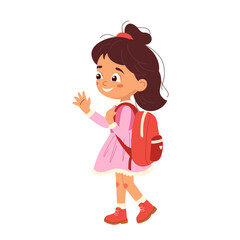 Cute cartoon schoolgirl in pink dress with backpack, waving hello on her way to school. Vector illustration perfect for education materials, back to school designs, stationery, and kids' projects