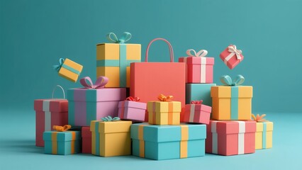 Colorful Gift Boxes with Ribbons in Bright Pastel Colors on Blue Background