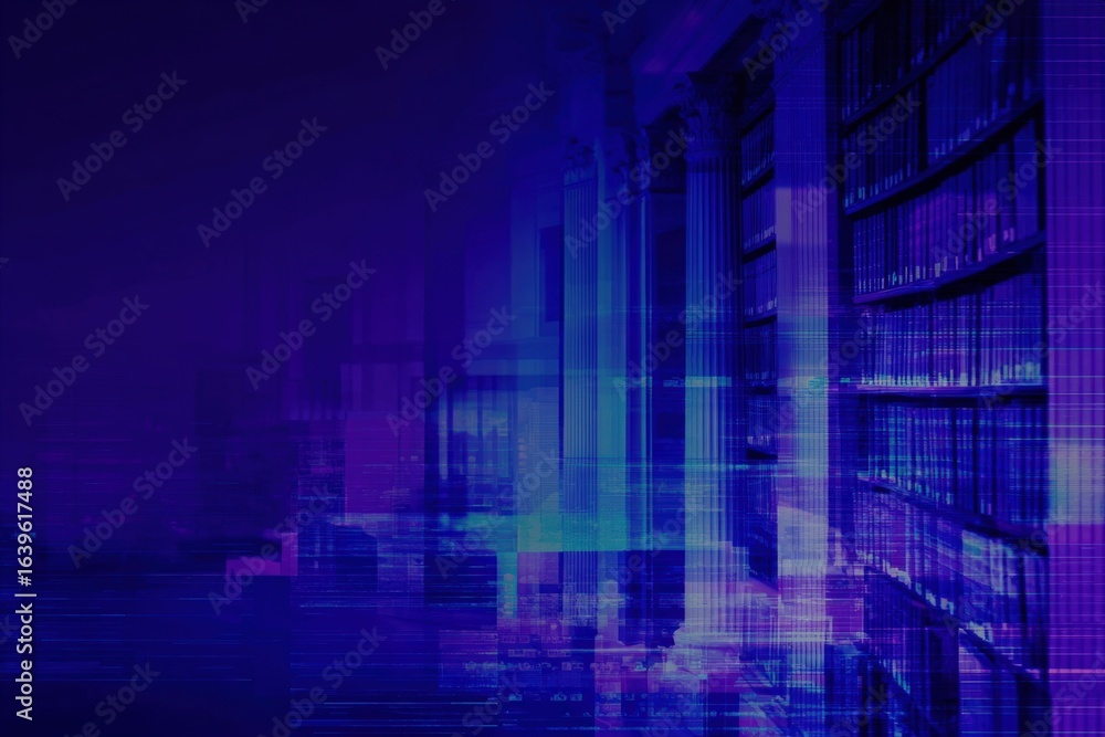 Poster abstract depiction of library with bookshelf and books in a blue gradient color design
