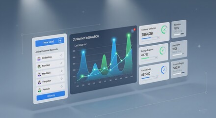 Modern data visualization and analytics interface with charts graphs and customer interaction statistics on a digital dashboard