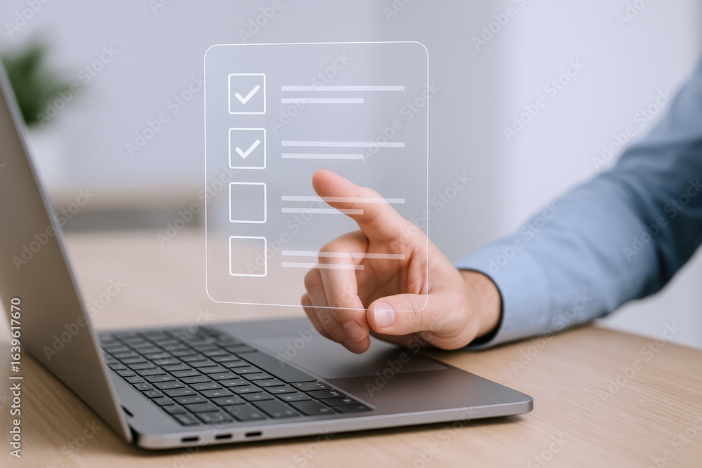 Aufkleber online checklist on laptop screen with hand pointing to next task, digital to-do list interface