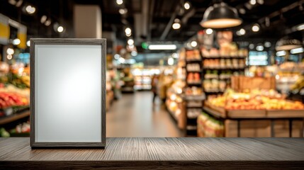 Fototapeta premium Blank Sign on Wooden Table in Grocery Store Aisle, Mock Up for Advertisement, Commercial Use