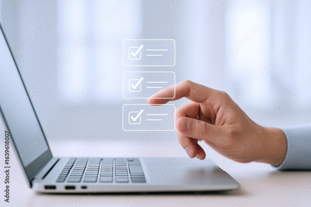 Poster online checklist completion: hand interacting with digital interface on laptop for task management a