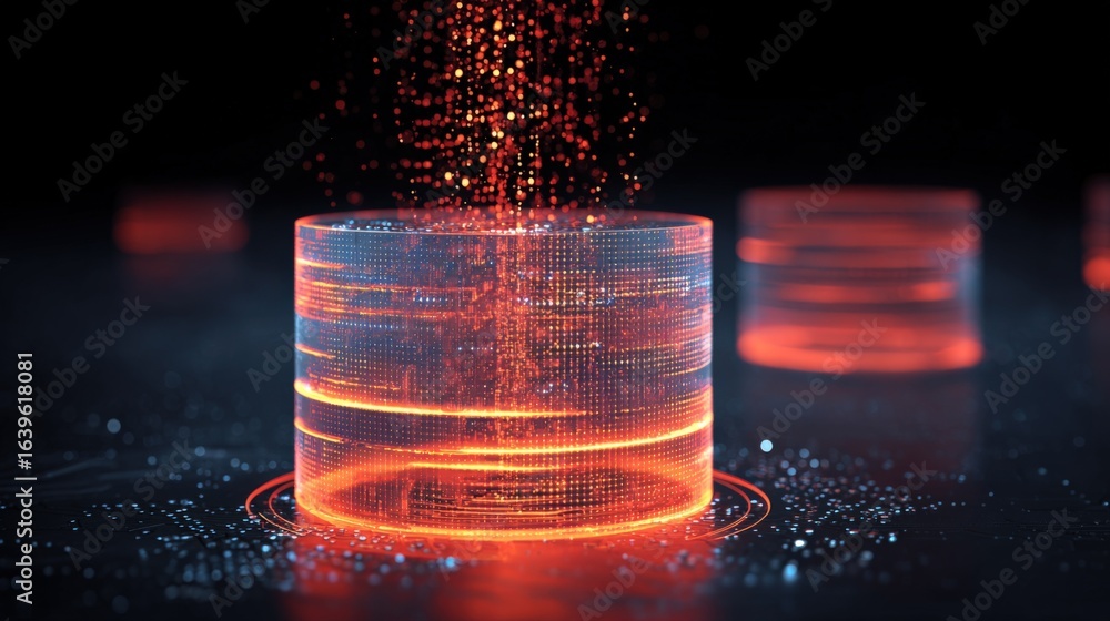Poster abstract data storage visualization: glowing particles flowing into cylindrical database structure w
