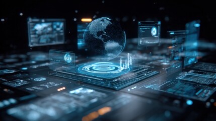 Futuristic Global Technology Interface: Holographic Earth Globe with Digital Data on Dark Background