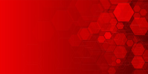 Futuristic red background with layered hexagonal grid pattern on the right, ideal for tech themes, innovation concepts, or digital presentation designs.