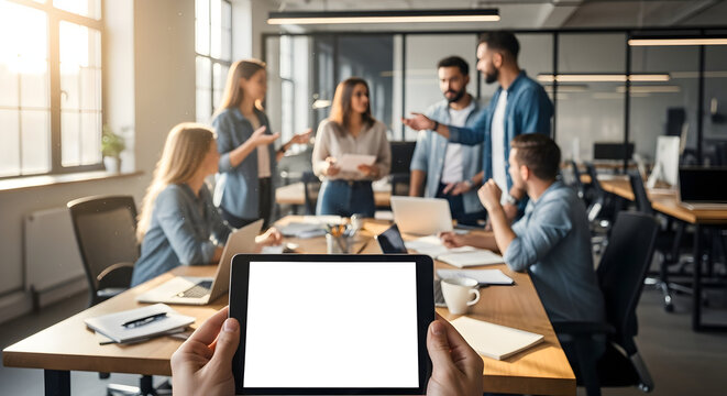 Young professionals collaborating on project in modern office teamwork meeting brainstorming creative ideas innovative solutions startup workspace technology digital tablet