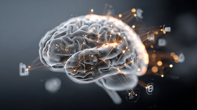 3D illustration of AI brain with glowing neural connections and business icons.
