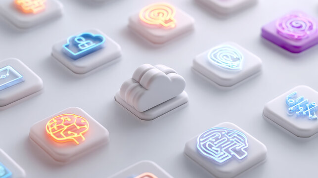 3D rendering of cloud storage and AI network icons floating on white background.