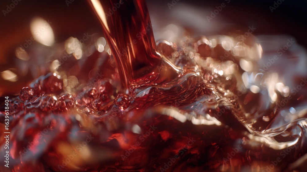 Poster pouring rich red liquid: dynamic close-up of a refreshing beverage creation