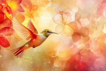 Obraz premium Hummingbird hovering near vibrant flowers in a colorful floral background