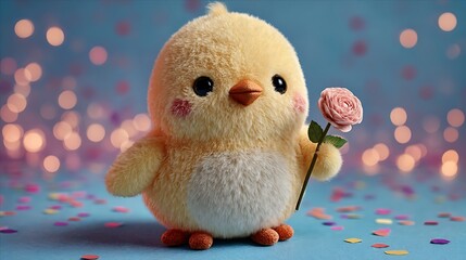 Adorable Fluffy Chick Holding Rose: Romantic Valentine's Stock Image
