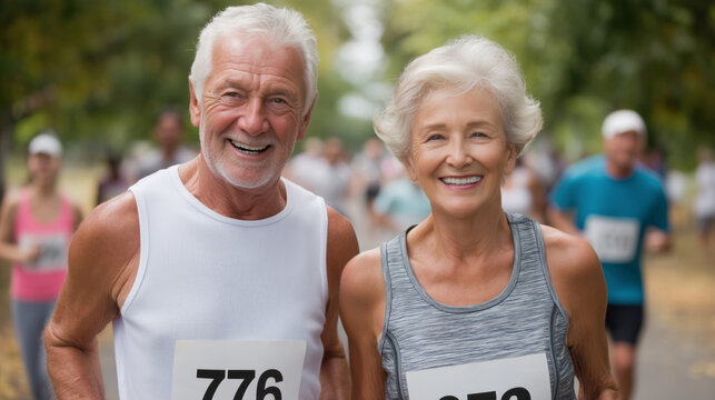 Elderly couple running side by side in marathon, dressed in athletic gear and wearing numbered race bibs, smiling. Concept of active aging, healthy lifestyle, fitness, and senior sports participation. - Powered by Adobe