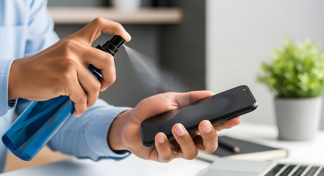 Cleaning Smartphone Screen with Disinfectant Spray Hygiene Safety Prevention Health Care