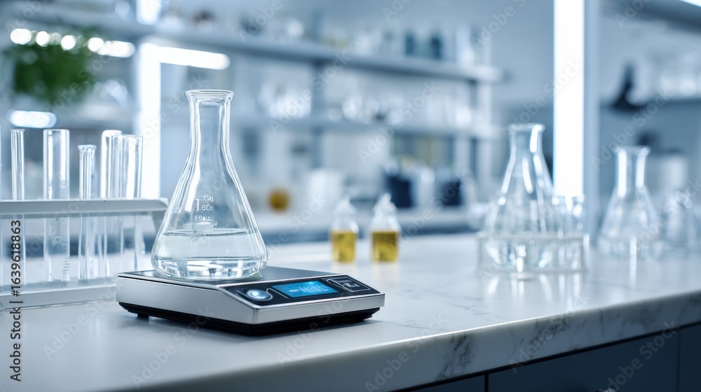 Poster laboratory setup with flask on scale displaying precision, scientific research and experimentation i