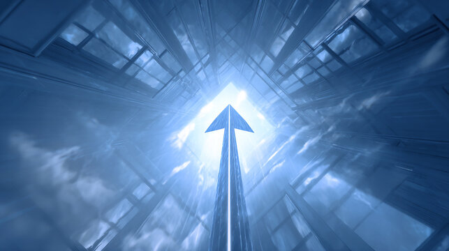 Arrow breaking through glass ceiling with glowing light around it.