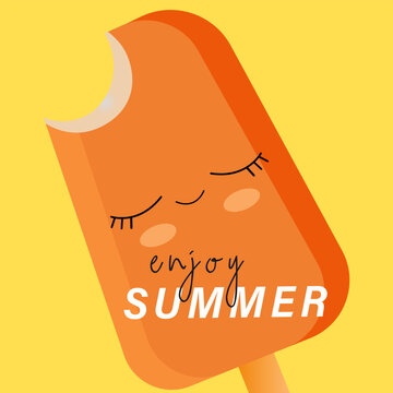 Enjoy the summer. The summer banner. Smiling ice cream on a yellow background. Vector illustration