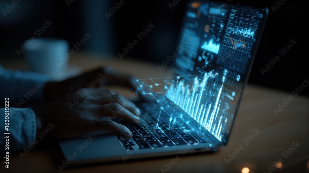 Aufkleber data analysis on laptop screen displaying charts and graphs for business insights and financial proj