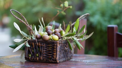 Professional photography composition emphasizing organic aesthetics with artisanal basket arrangement of olives showcasing color texture and natural elegance