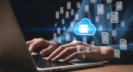 Secure Cloud Data Storage Access Laptop Technology Digital Files Online Backup Network Server Internet Computing Data Management Information Technology Cloud Computing Digital Transformation