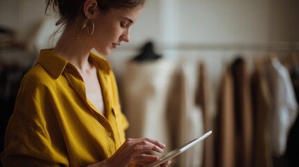 Young female fashion designer using a digital tablet in her studio, with dress forms