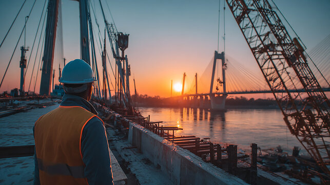 Civil engineer inspecting bridge construction at sunset