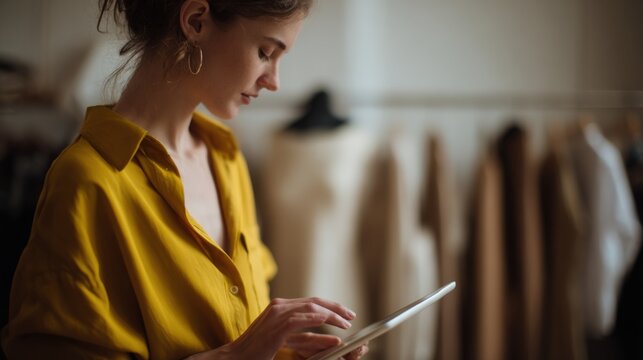 Young female fashion designer using a digital tablet in her studio, with dress forms