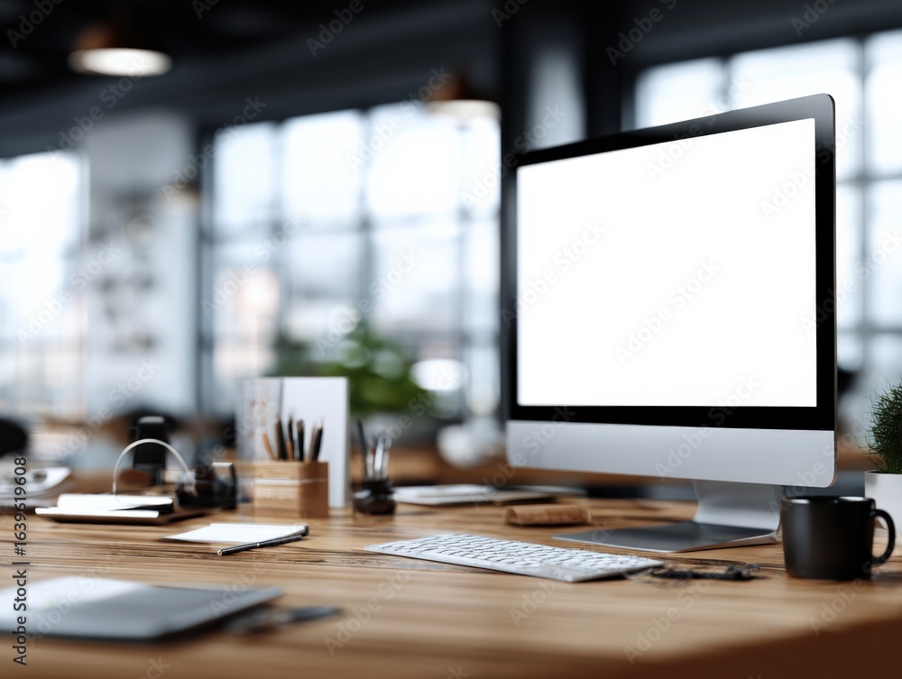 Poster workspace mockup featuring blank computer screen on a wooden desk in a modern office setting