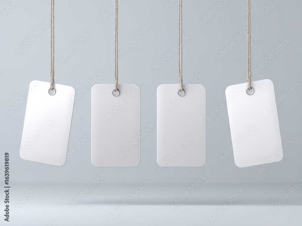 Poster minimalist white tags hanging on twine strings against a light background, ideal for mockups and des