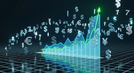 Visual representation of financial growth and market investment visualized with floating currency symbols and an upward trending graph against a dark backdrop