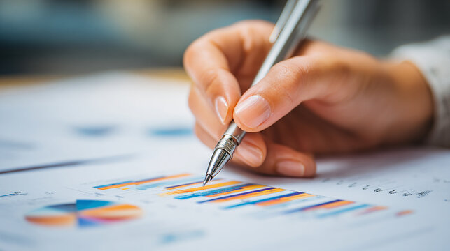 Close-up of woman&rsquo;s hand holding pen above financial report