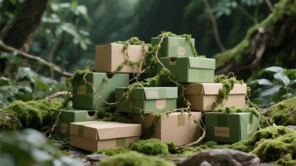 Stack of Eco-friendly Cardboard Boxes in Forest Environment with Moss and Vines